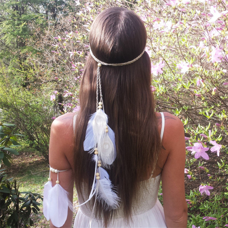 Ethnic Fashion India - Hint beyaz tüy kafa bandı Headdress